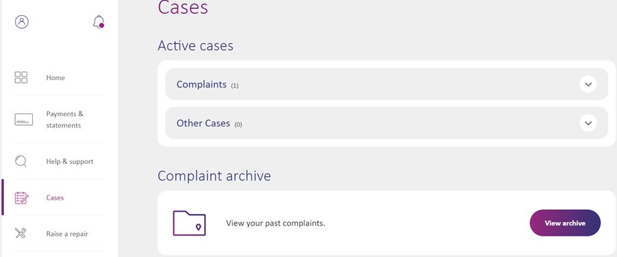 Screenshot showing the online account and the cases page