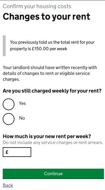 Confirmation of new housing costs after 1 April on the government website