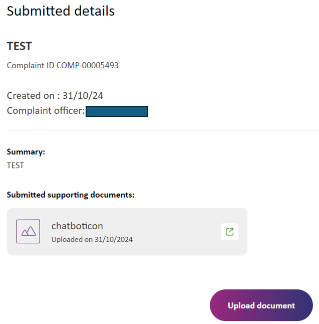 A screenshot showing a complaint with a supporting document